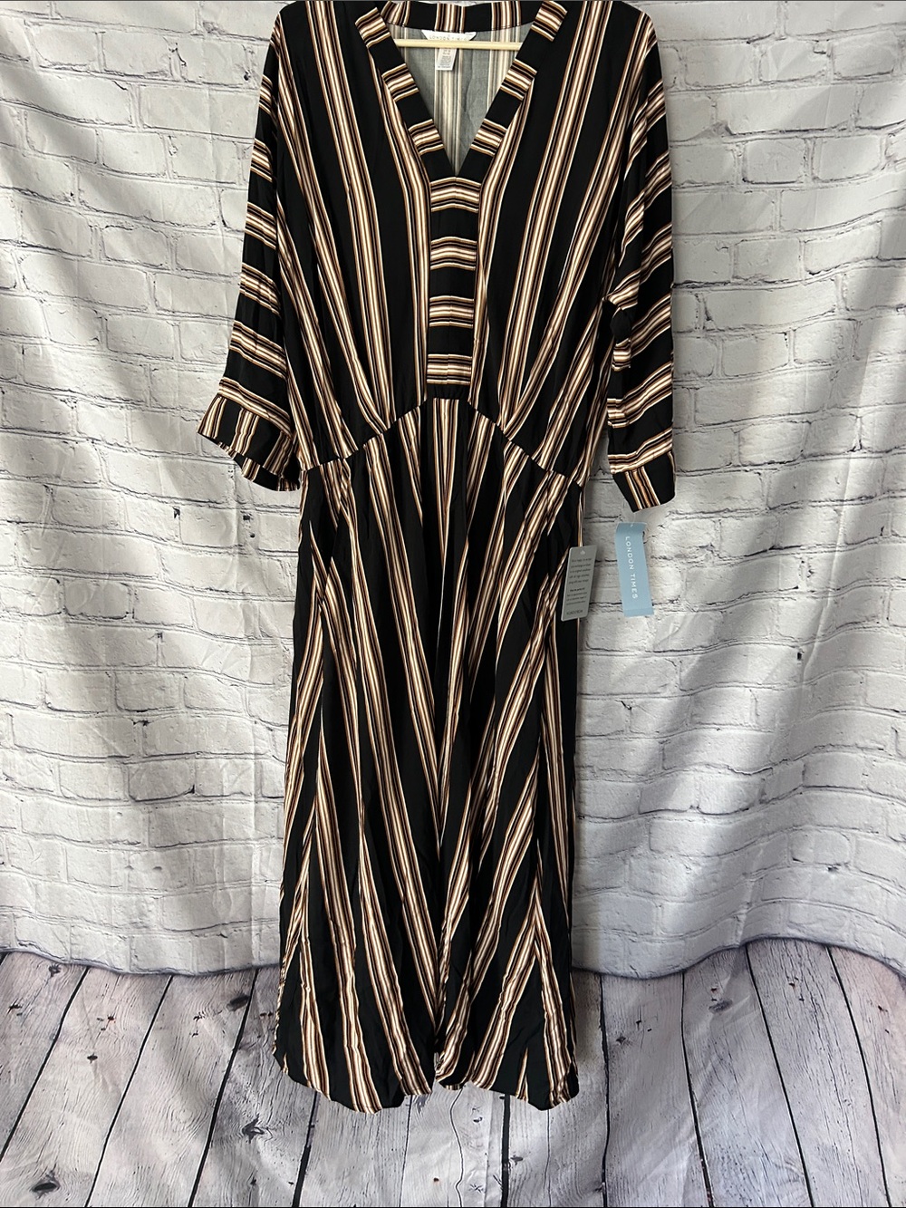 London Times Striped V-Neck Maxi Dress in Black and Cream
